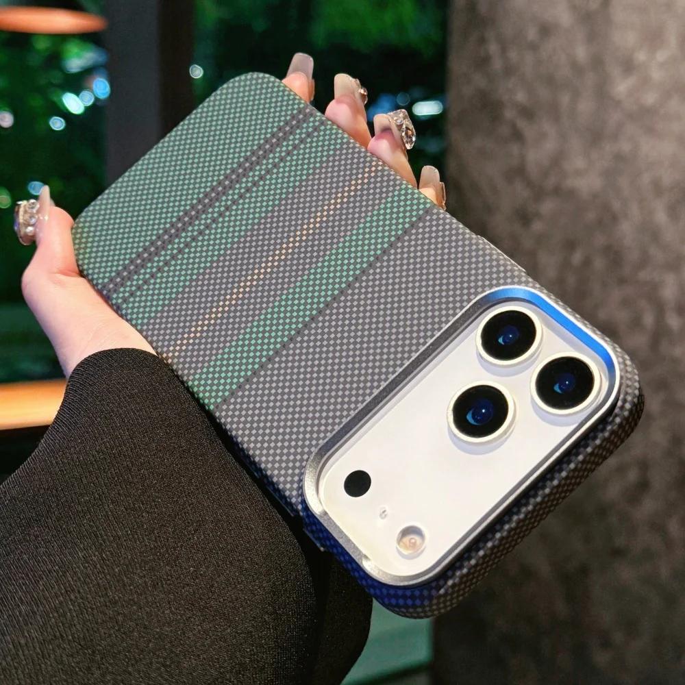 Carbon Fiber Relief Magsafe Case For 13 14 15 16 17 Pro Max Plus Magnetic Wireless Charging Alloy Lens Shockproof Cover