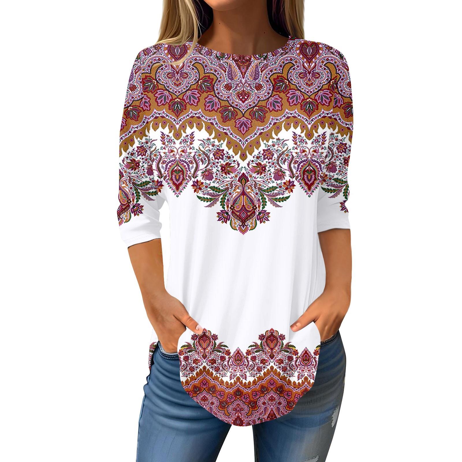 

Womens T Shirts 3/4 Sleeve Shirts Color Pullover Summer Spring Tops Blouses XL винний