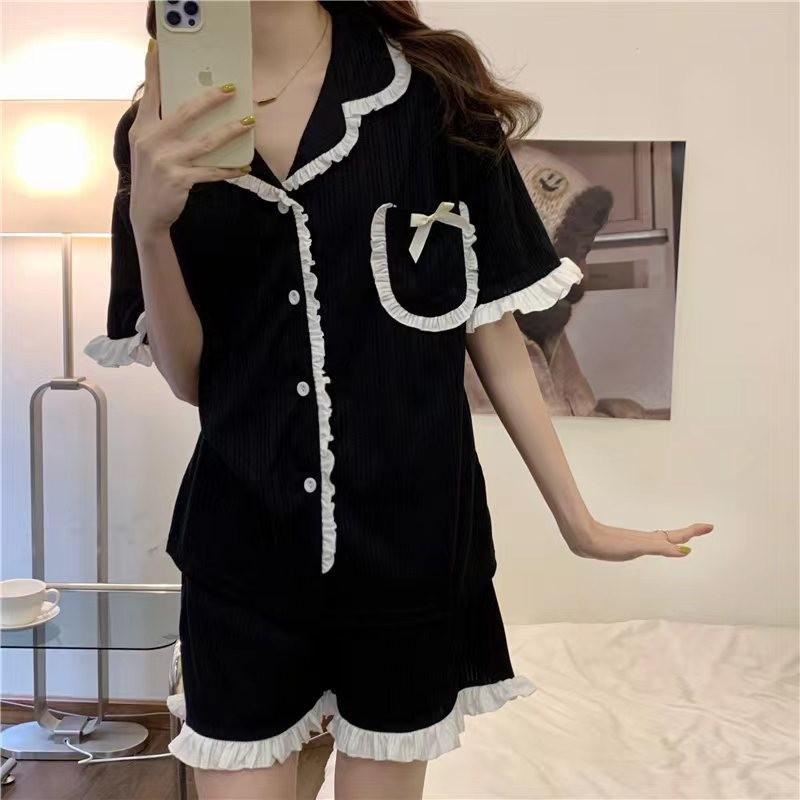 Lace Long Sleeve Black Cardigan Pajamas for Women – Sweet and Loose Spring/Autumn Homewear with Long Pants