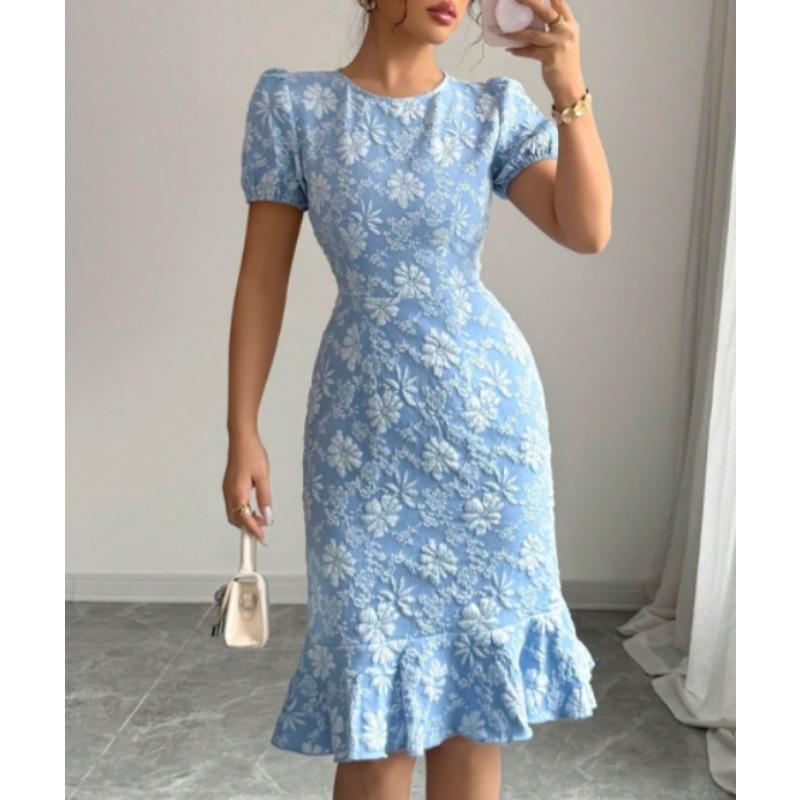 Vestiti casual da donna con stampa a fiori, a maniche corte, con scollo a V e vita alta, estivi e primaverili