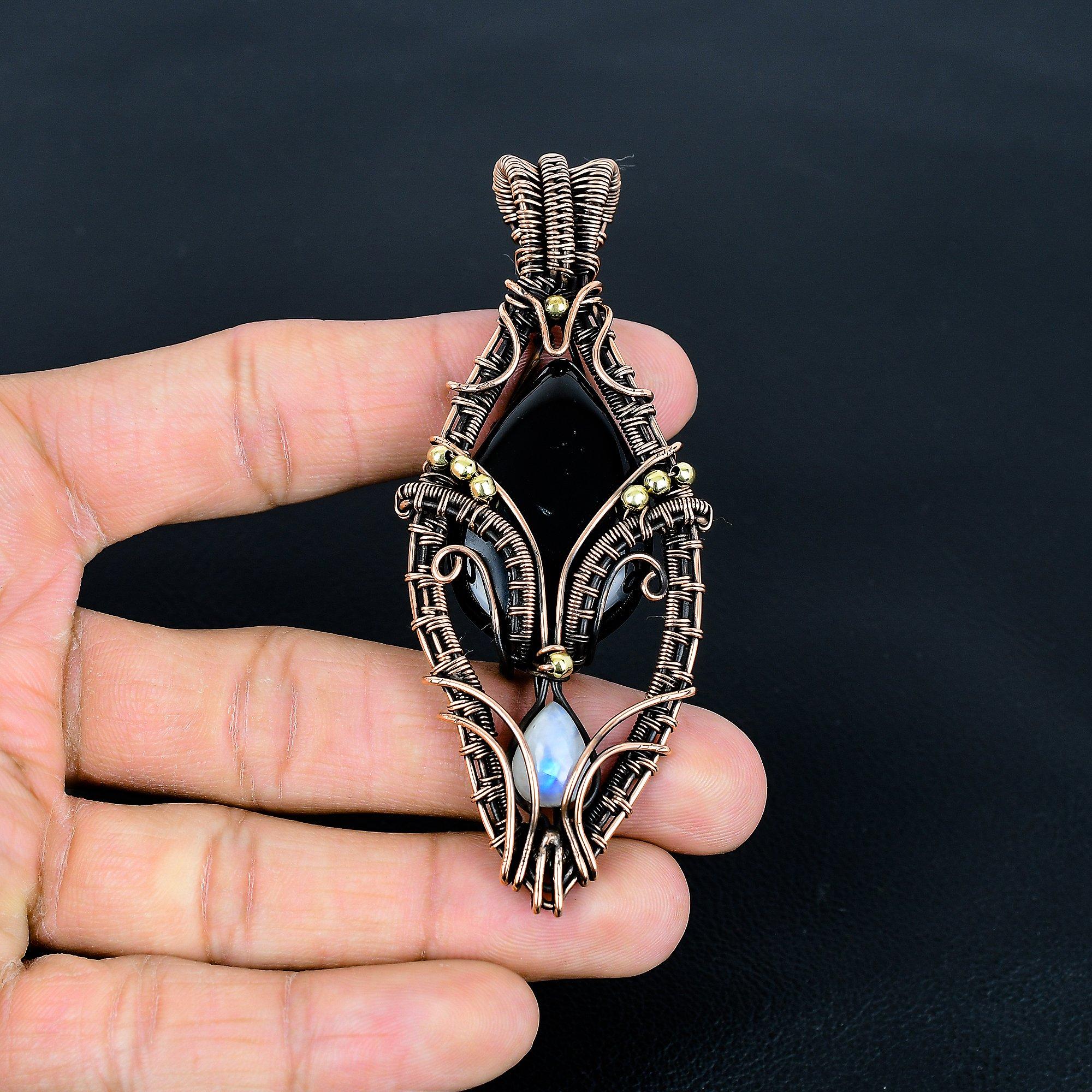 

Black Onyx 999 Copper Wire Wrapped Gemstone Jewelry, Handmade Tree Of Life Moonstone Pendant, For Thanksgiving 3.54 Inches чёрный
