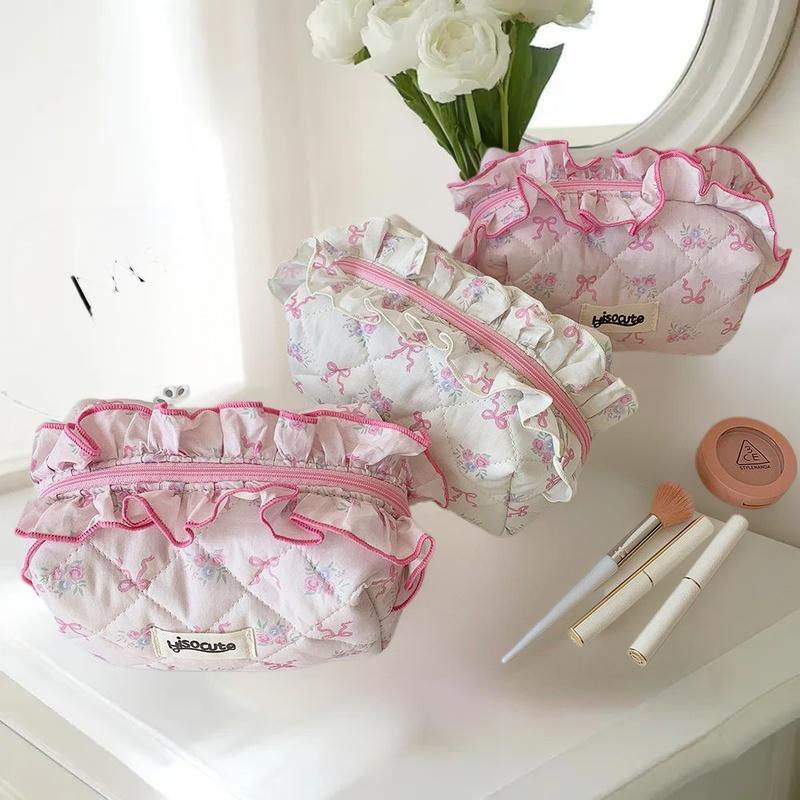 Chic Bow Flower Quilting Cotton Cosmetic Bag for Women, Zippered Makeup Organizer, Portable Cloth Toiletry Handbag for Girls