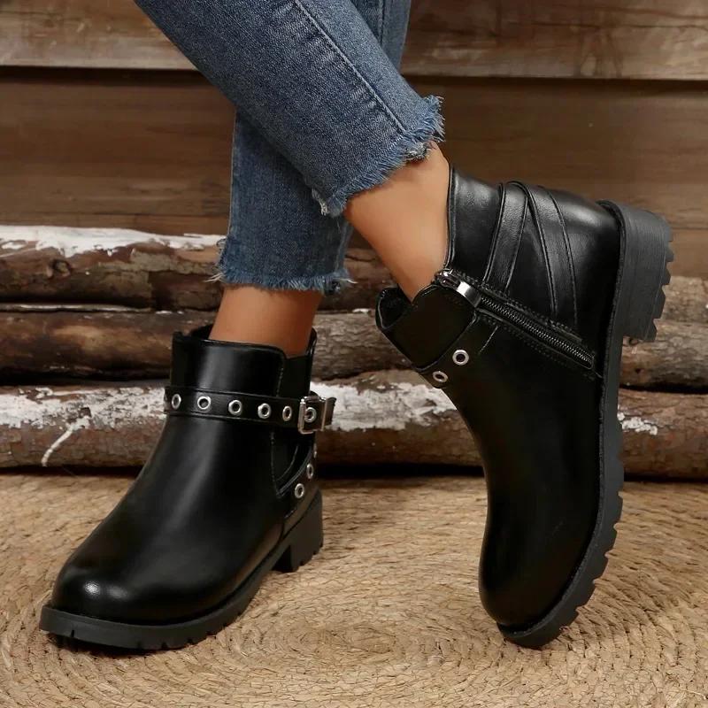 Round Toe Block Heel Boots Women's Fashion Winter Rivet Metal Buckle Anti-Slip Wear-Resistant Short Thigh Boots