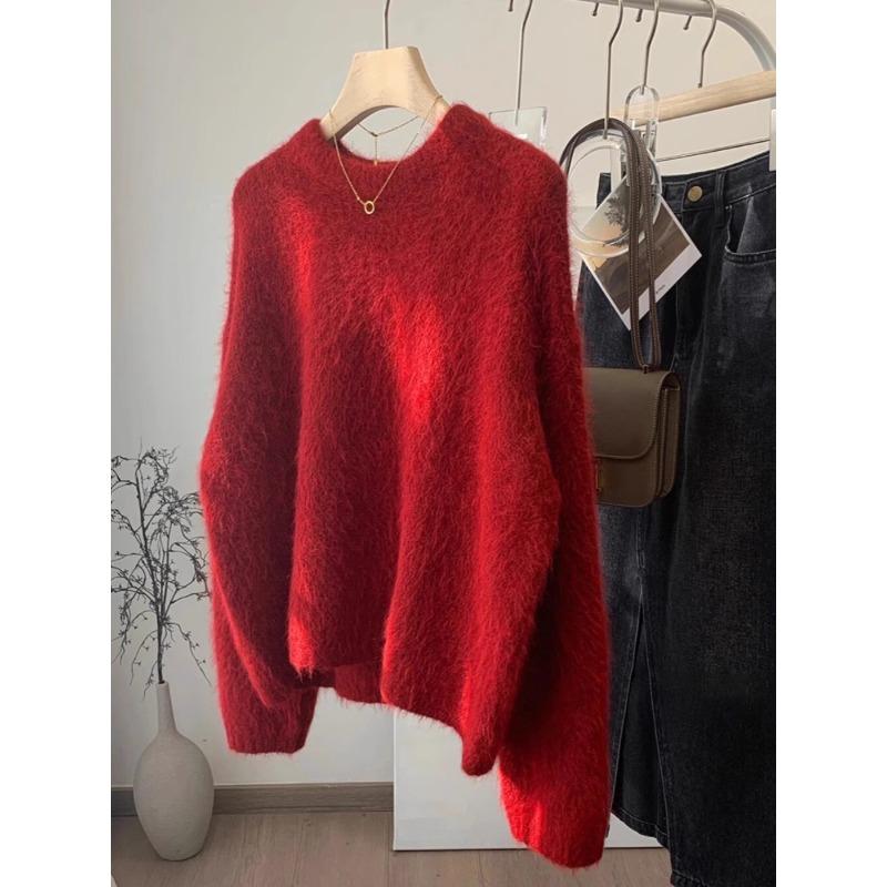 

Premium sense naturalistic red raccoon fleece sweater fashionable age-reducing soft waxy pullover top one size fits all красный