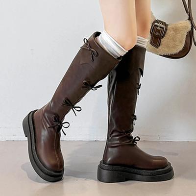 Bow Platform High Boots Women'S Flats Knee High Shoes  Elegant Designer Motorcycle Winter Boots New Dress Cozy Mujer Botas
