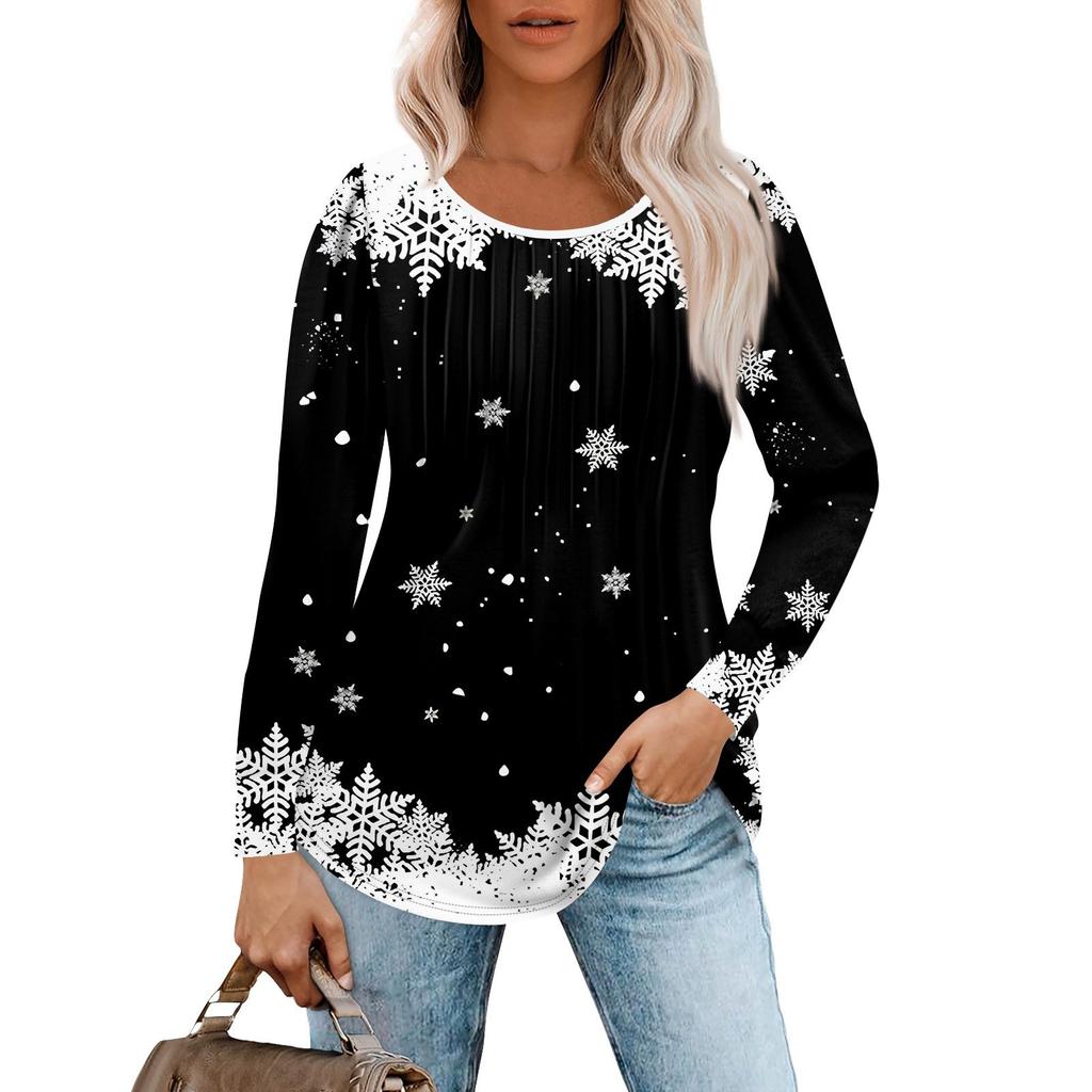 Košile s dlouhým rukávem pro ženy topy Oblečené vánoční potisk Ležérní halenky Skládaný tunika s nabíraným výstřihem