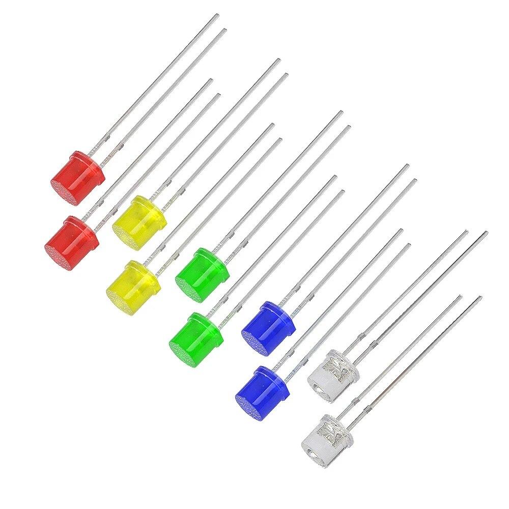 100PCS 5MM LED Lighting LEDs Kit Red Yellow Blue Green White LED Diode Assortment Package F5 Flat Led Lights Diodes Set