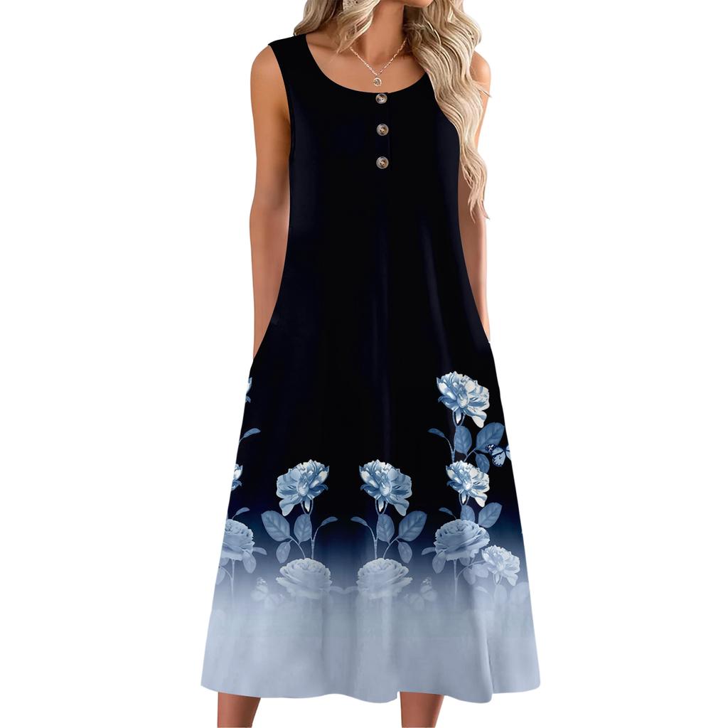 Women's Fashion Casual Sleeveless Button Floral Print Dress with Pocket