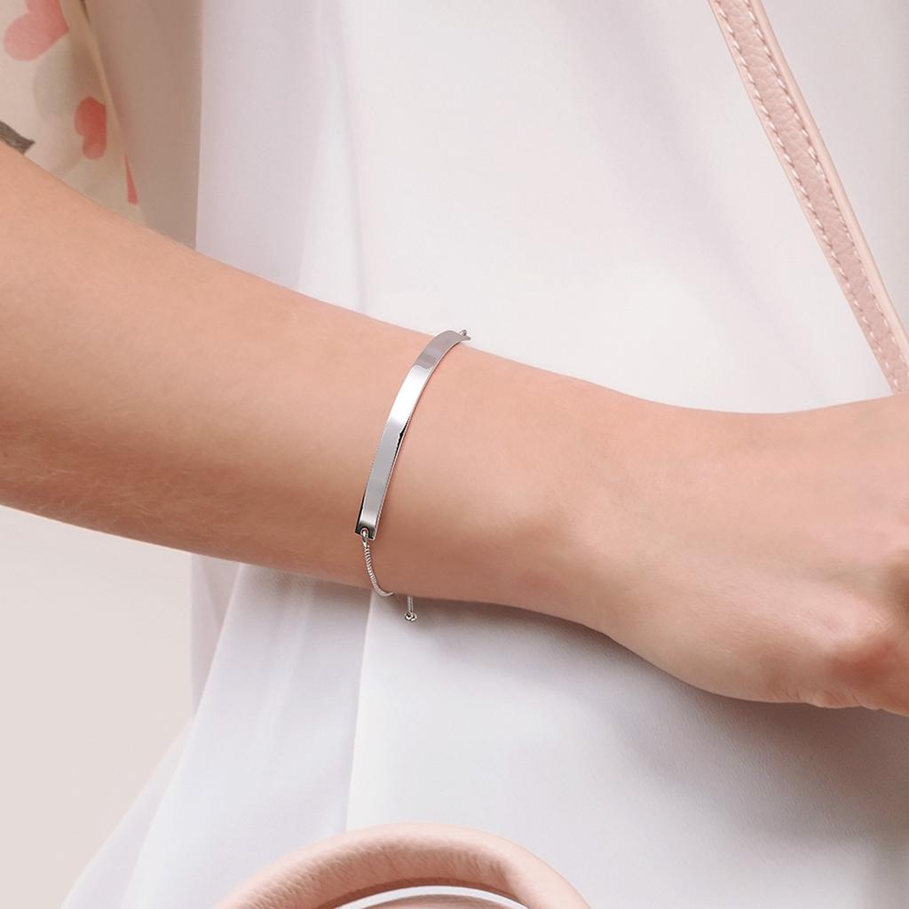 Identifikations-ID-Armbänder sind gravierbare Namensschild-Stab-Bolo-Armbänder für Frauen, verstellbar aus Sterlingsilber .925