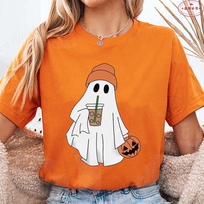 Little Boo Drinking Coffee Women T-Shirts Fashion Halloween Party Spooky Season Shirt Harajuku Graphic Tops Casual Streetwear