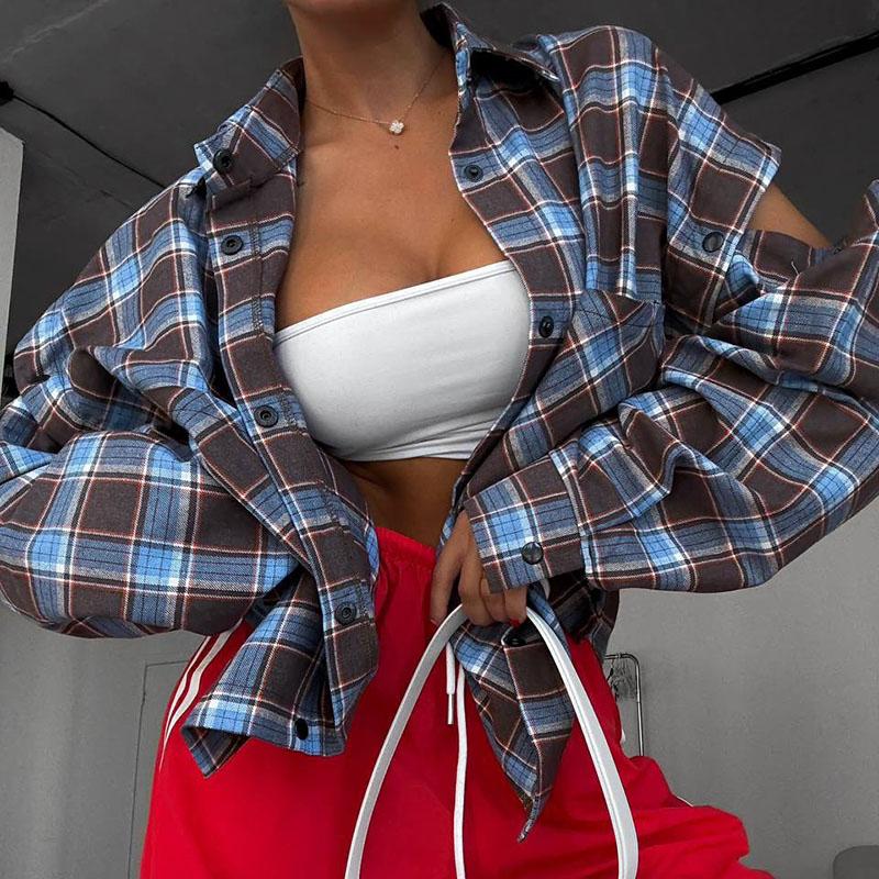 Nowa Modna Koszula w Kratę Damska Jesienna Top z Długim Rękawem Damska Bluzka z Odpinanymi Rękawami Damskie Klasyczne Codzienne Koszule Streetwear