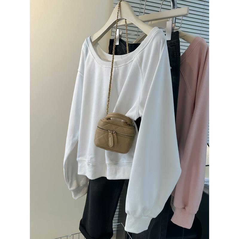Solid color diagonal neck hoodless pullover sweater women's thin loose long-sleeved piled off-the-shoulder top