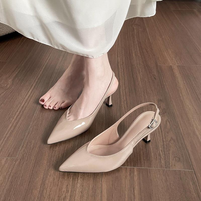 

Sheepskin sandals women s summer wear new kitten heel bag head thin heel pointed rear empty high heel nude single shoes 34