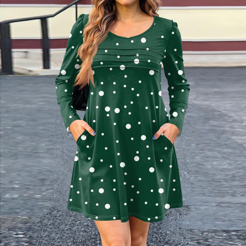 Women's Long Sleeve Dress Fall Casual T Shirt Loose Fit Pleated Front Dresses With Pockets