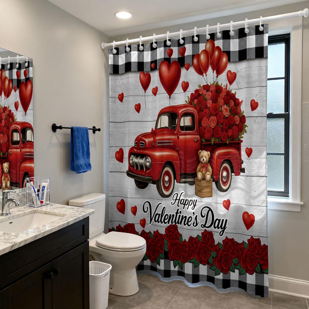 1pc Valentine's Day Red Romantic Car Printed Waterproof Privacy Shower Curtain with 12 Hooks Multi Sizes Easy Installation