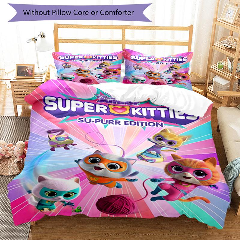 3pcs Super Kitties Adventures1 Design Cover Set - HD Printed Bedding with 1 Cover and 2 Pillowcases - Perfect for Home and Dorm Decor
