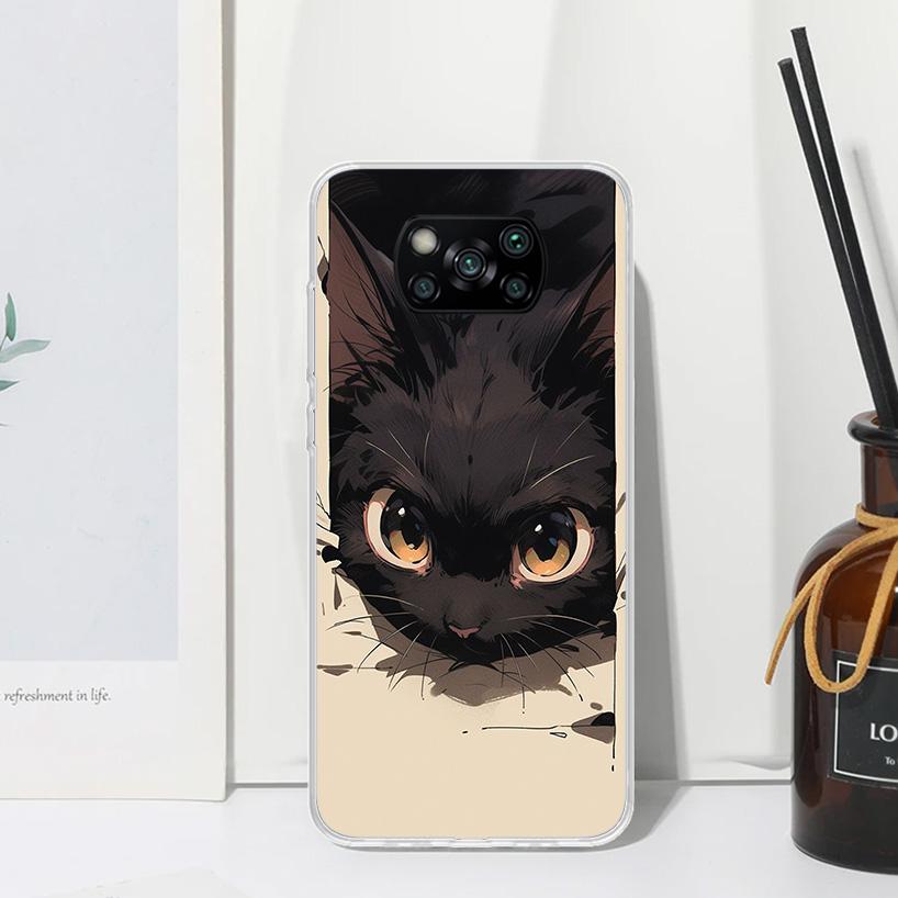 Anime Cute Black Cat Meow Phone Case For Xiaomi Poco X7 X6 X5 M7 M8 Pro F7 Ultra Redmi 15C 15 13C 13 12C 12 10 10C 10A Art Funda