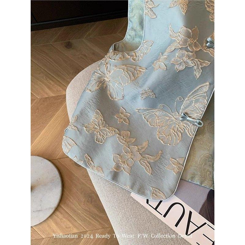 2025 New High-end Temperament Blue Butterfly Embroidered Vest Women's Disc Buckle Sleeveless Vest