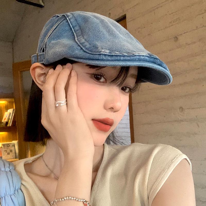 Women's Retro Washed Denim Newsboy Cap - Korean Style, Large Fit, Face-Slimming Beret