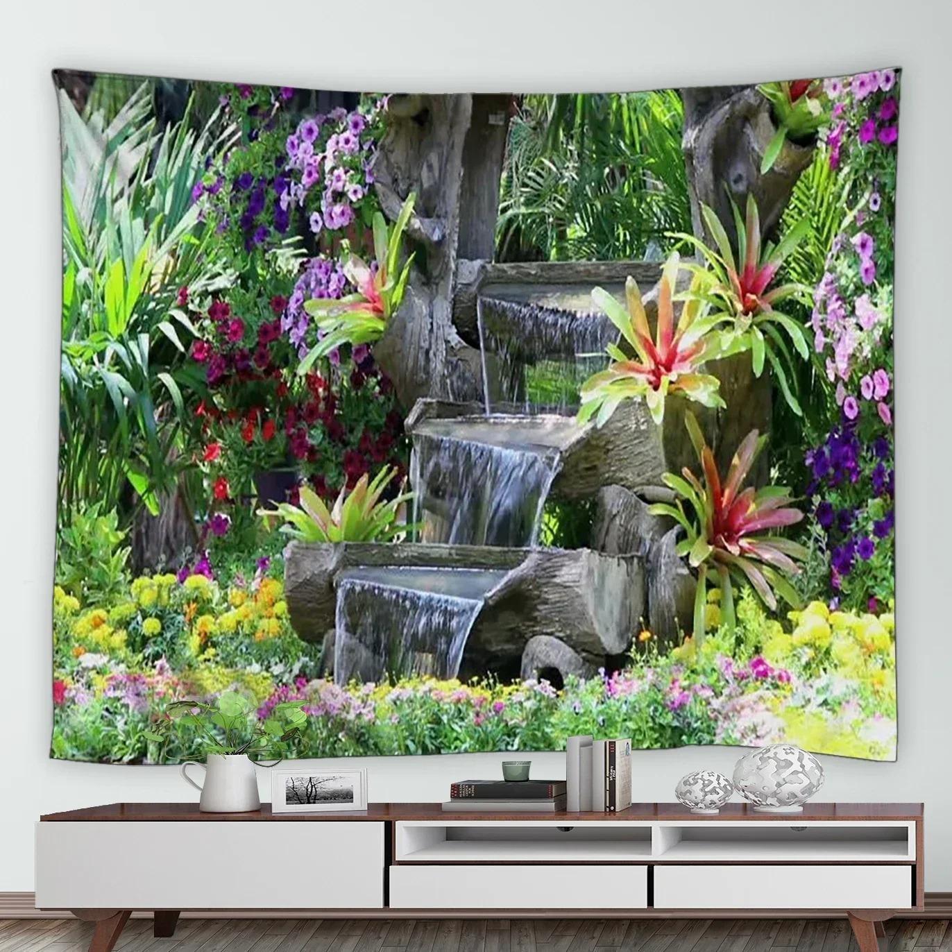 

Home Decor Wall Hanging Tropical Garden Landscape Tapestry Waterfall Flower Tree Vintage Brick Vine Plant Park Natural Scenery 74x94cm(29x37in)