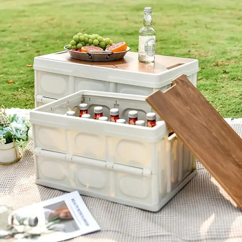Outdoor Camping Storage Box 15L Thickened Foldable Storage Box Car Mounted Wooden Cover Portable Household Storage Box