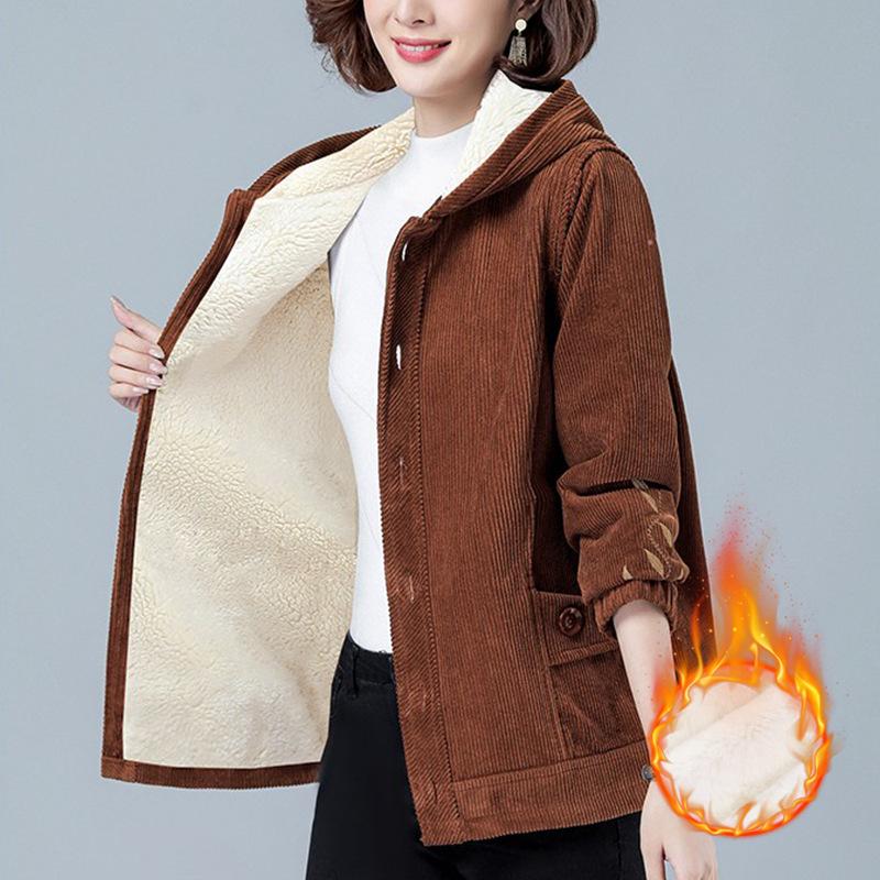 Pop Solid Color Spring Autumn Corduroy Jacket Women's Winter Outwear Velvet Thick Simple Loose Jacket Mother Hooded Warm