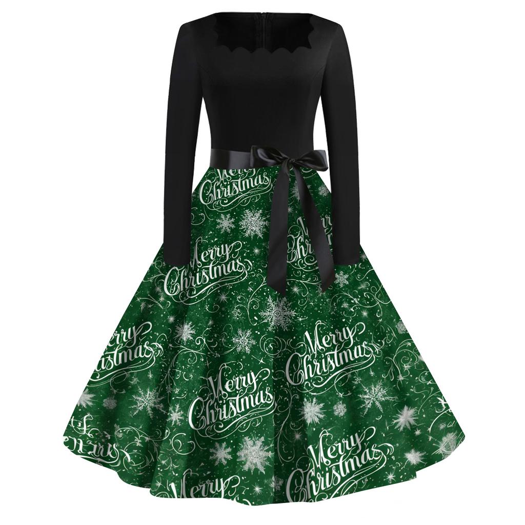 Women's Casual Fashion Christmas Print Square Neck Vintage Dress for Holiday Party