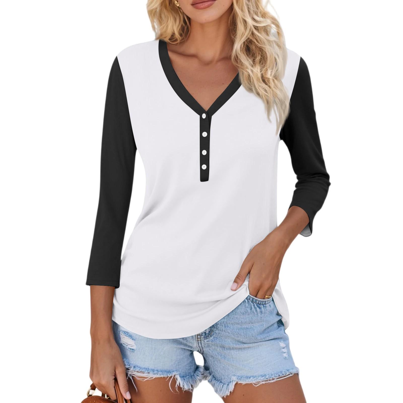 

Women s Casual Fashion Sexy Comfortable V-neck Button Stitching Color Three-quarter Sleeve Top M