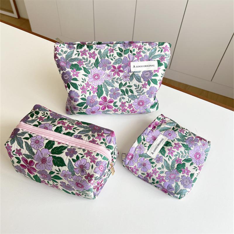 Portable Purple Flower Fabric Cosmetic Bag Makeup Pouch Organizer