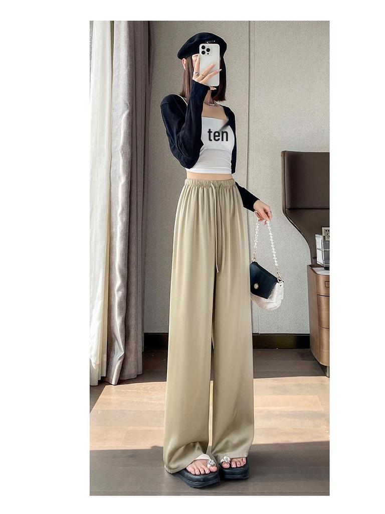 Women's Satin High-Waisted Acetate Wide-Leg Pants - Sun Protection Cool Ice Silk Drape for Short People