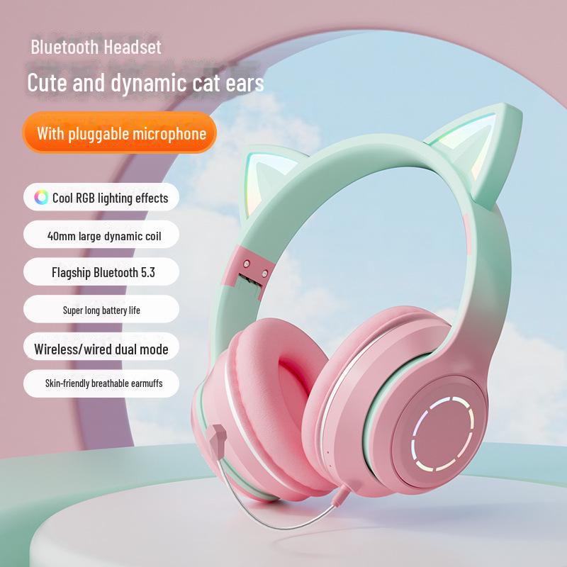 Bluetooth-Gaming-Headset mit Katzenohren in Farbverlauf und Leuchteffekt