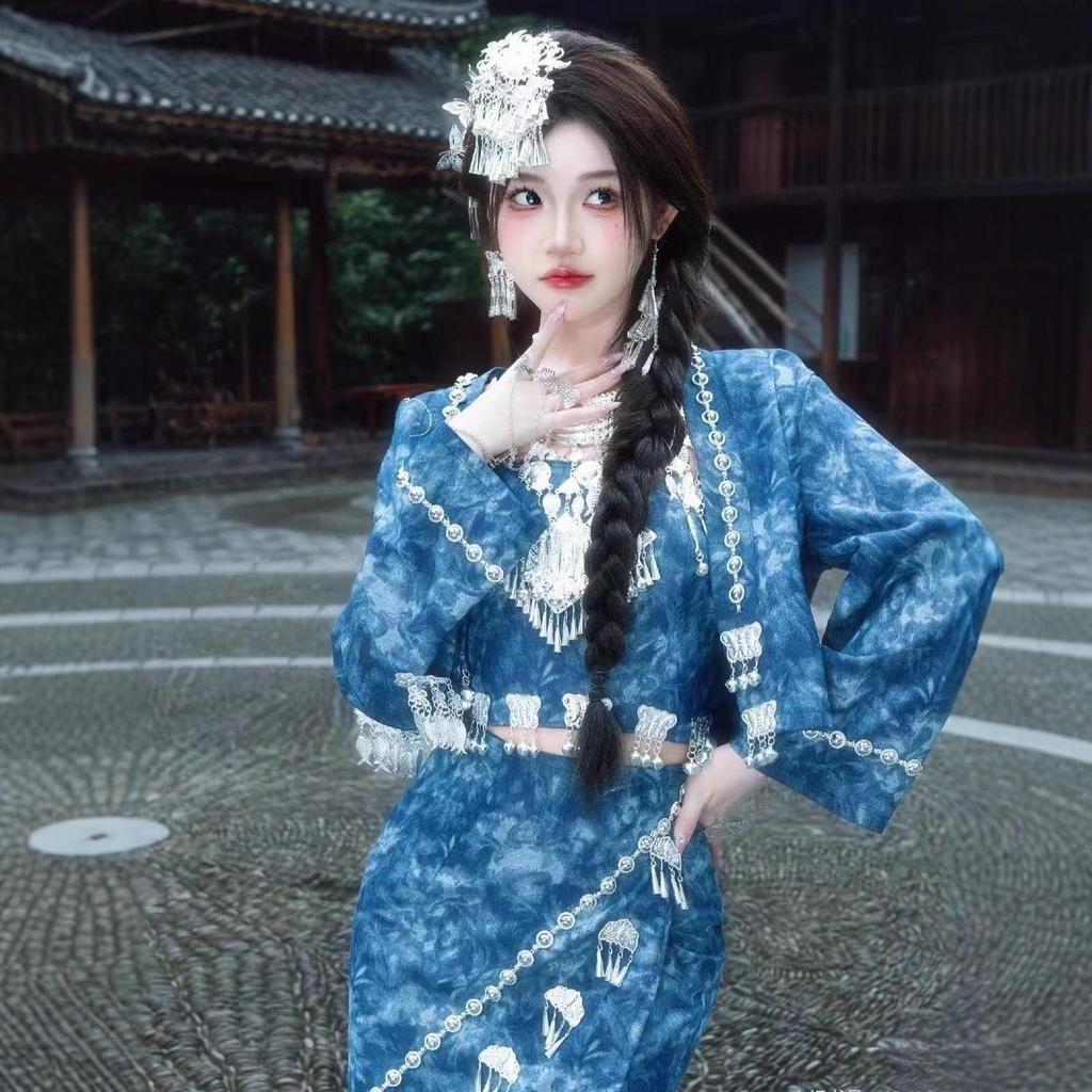 Miao Ethnic Costume for Girls - Blue Batik Photography Set