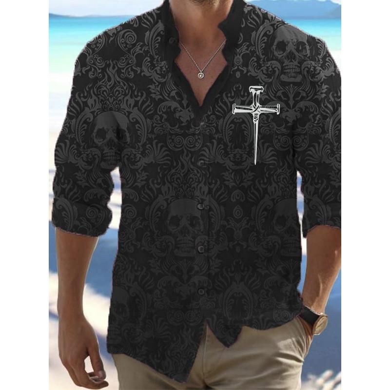 Camicia Casual da Uomo Vintage Nera con Stampe Teschio Scuro Manica Lunga-Stampa Teschio, Vestibilità Regolare, Collo a Revers, Miscela di Poliestere