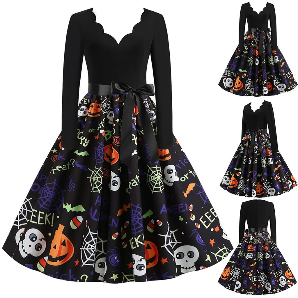 Kvinner Vintage Langermet Halloween 1950 Housewife Evening Party Ball Dress