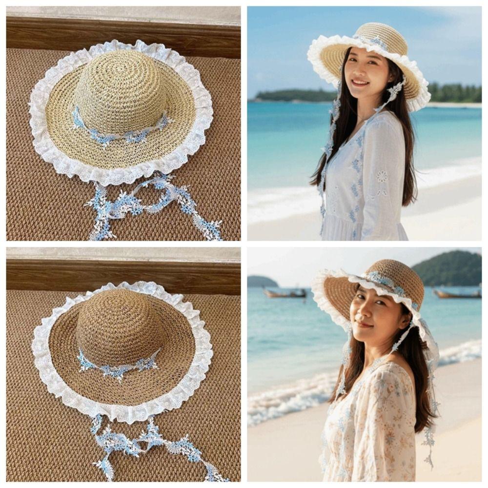 Lightweight Big Brimmed Straw Hat with Garland Woven Sun Cap Elegant Vacation Beach Cap  Summer