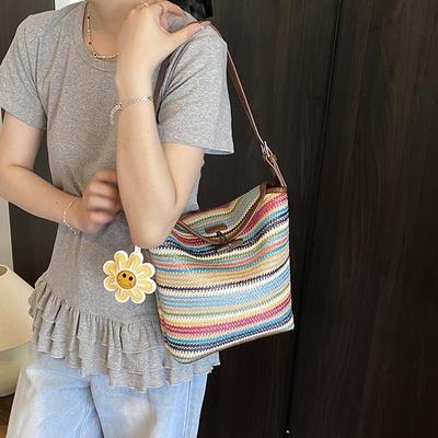 Fashion Straw Bag Large-capacity Woven Shoulder Bag 2025 Summer New Simple Beach Tote Bag Contrasting Underarm Bag