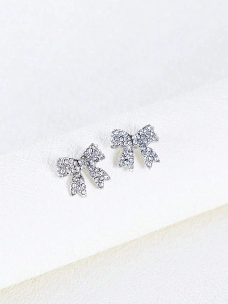1Pair Minimalist Full-Paved Bow Stud Earrings for Women, Cute Silver Tone Bow Design with Sparkling Cubic Zirconia, Versatile Daily and Summer