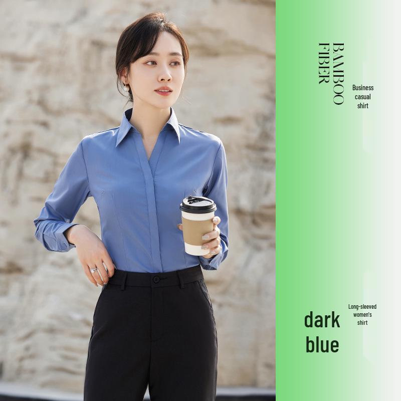 Damen Rosa V-Ausschnitt Bambusfaser Stretch Shirt - Gestickte Formelle Kleidung für Büro, Verkauf und Hotel Rezeption