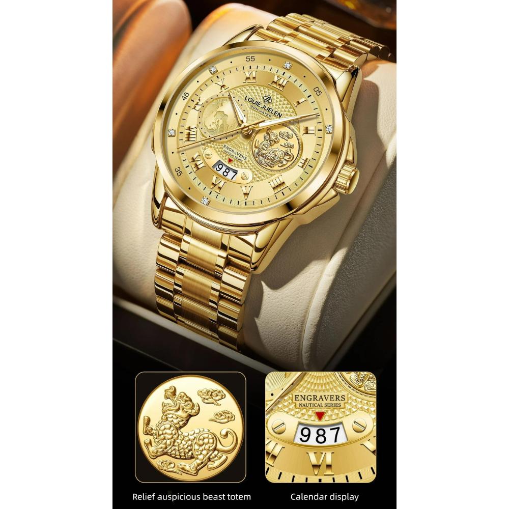 Luxury Gold Engraved Watch for Men Stainless Steel Waterproof Business Quartz Wristwatch with Date, Ideal Gift for Father's Day & Anniversaries
