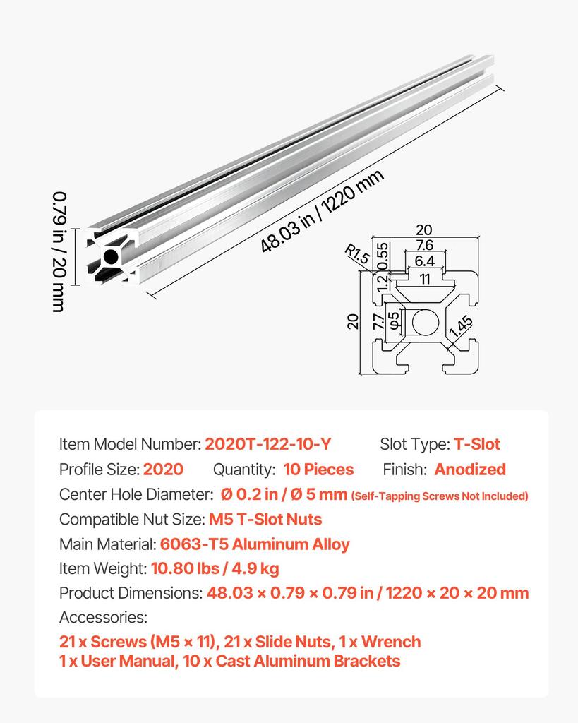 VEVOR 10PCS 2020 Aluminum Extrusion Profile, 48 Inch 1220 Mm, T Slot European Standard Anodized Linear Rail, High-Strength Extruded Aluminum Rail