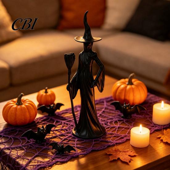 Indoor Outdoor Yard Decor Cute Witch Cat Resin Figurine, Halloween Garden Statue, Spooky Home Collectible Figures Ornaments for Patio Balcony