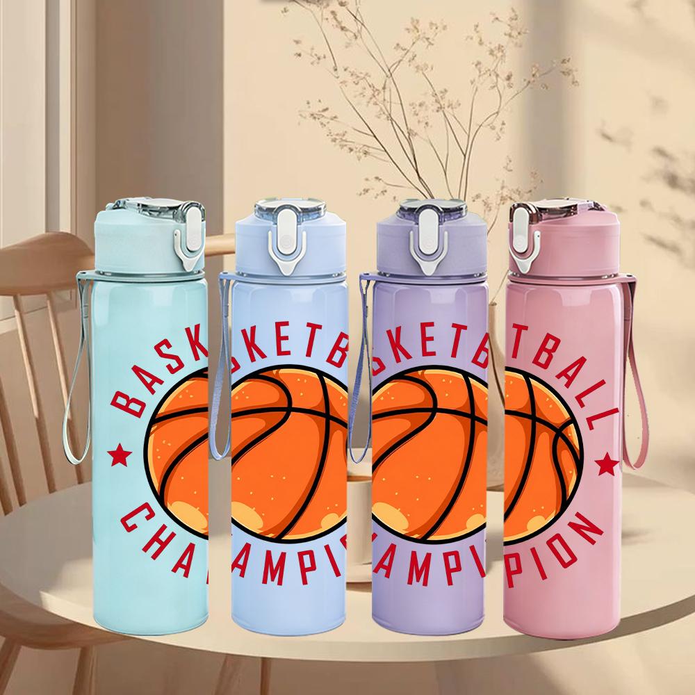 1PC Basketball Champion Circular Emblem 750ml Color Plastic Water Bottle Leakproof Flip Straw Lid For Sports Office Home Use