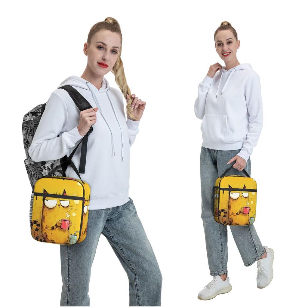 A Yellow Kitten Drinking Coffee Design Insulated Lunch Bag for Women Kids Leakproof Food Boxes Thermal Lunch Box Tote