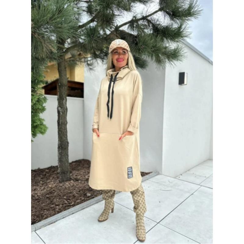 DAFIFY Women's Fashion Spring Fall Solid Color Print Long Sleeve High Neck Loose Waistline Casual Dresses