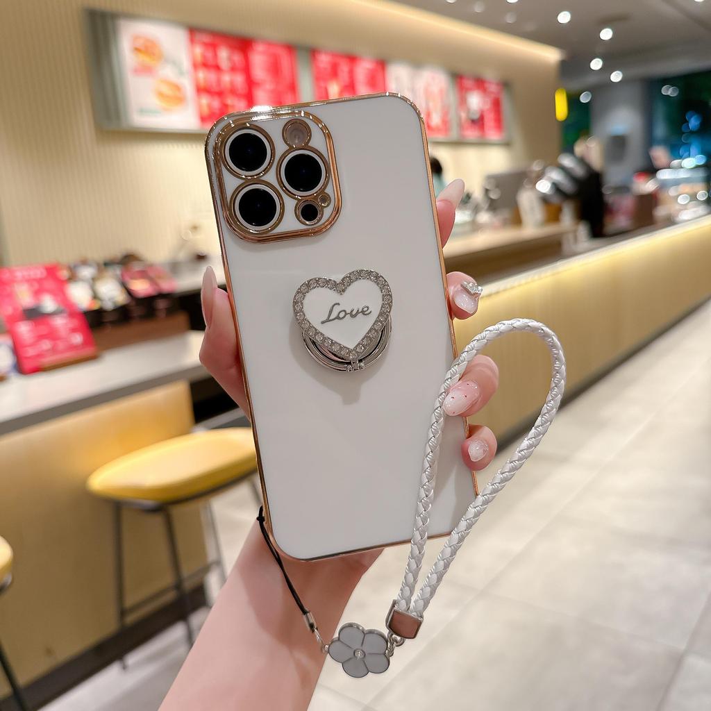 Luxury Wrist Strap Love Heart Stand Plating Camera Lens Protect Bumper Phone Case For iPhone 17 Air 16 15 14 Plus 13 12 11 Pro Max SE Girls Cute Cover