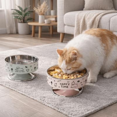 Süßer Cartoon Haustier Hohe Fußschüssel Edelstahl Große Kapazität Katzenfutter Wasserschüssel Anti-Rutsch Abnehmbar Erhöhte Katzenschüssel Zuhause