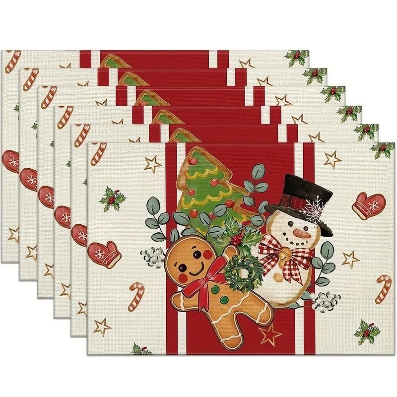 4/6pcs Snowman Gingerbread Man Christmas Placemats, Christmas Tree Cane Washable Linen Table Mats for Kitchen Dining Table Decor, Holiday Decor, Every