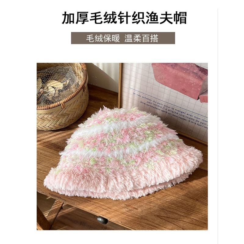 Women S Striped Knitted Bucket Hat Winter Warm Plush Ear Protection Hat