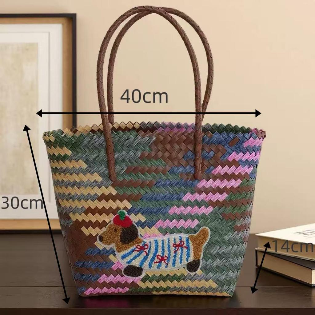 Dackel Welpe Gewebte Handtasche mit Bambusgriff Vintage Strandtasche