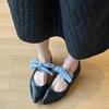 Sheepskin Version~ French Temperament Mary Jane Shoes Retro Literary Pointed Head Lace-up Bow Flat Bottom Shallow Mouth Single Shoes Women